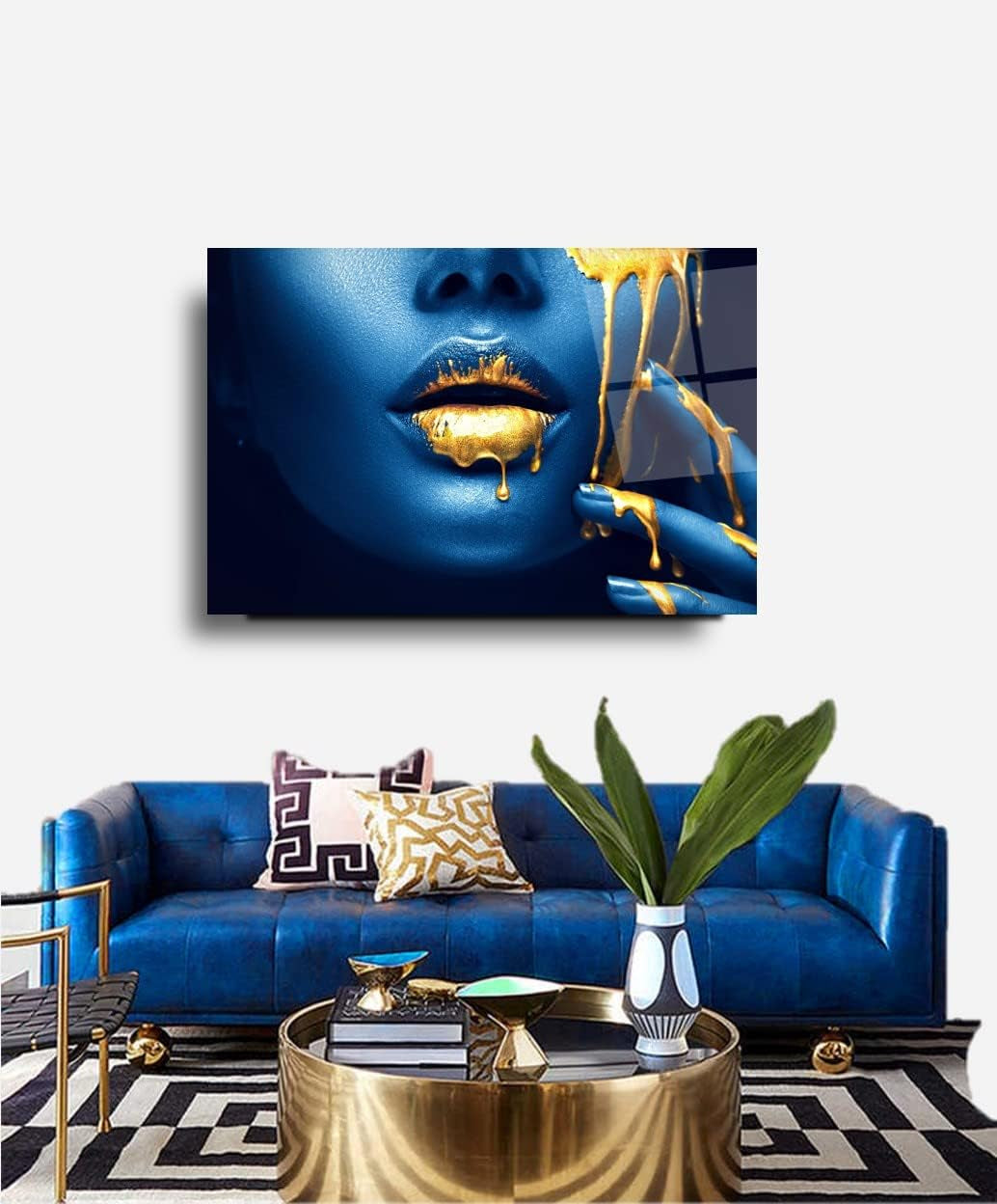 Blue Lips Woman Tempered Glass Wall Art Perfect Modern Decor Fabulous New Year Gift Glass UV Printing Durable Product (27X43 Inches (70X110 Cm))