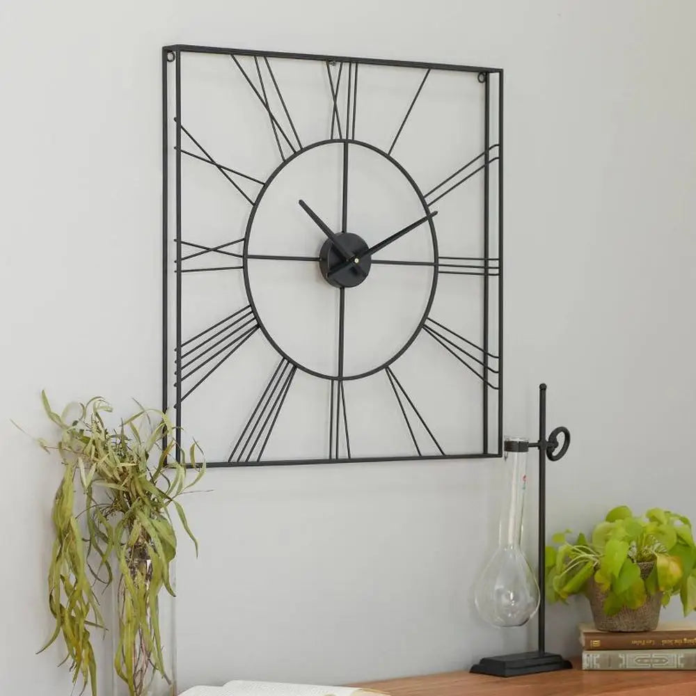 Large Iron Wall Clock with Roman Numerals Square Design 23.63" Black Glam Style