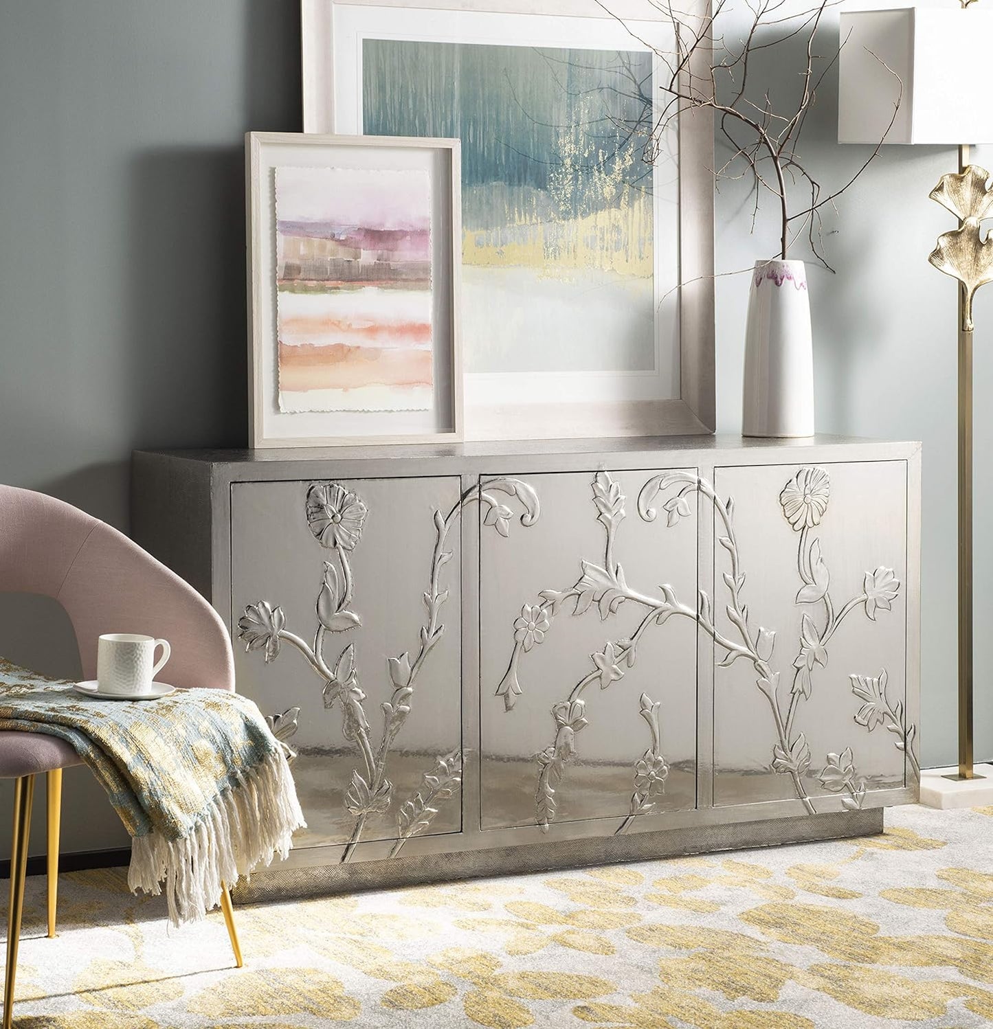 Couture Home Narcisa Contemporary Glam Silver Floral Sideboard