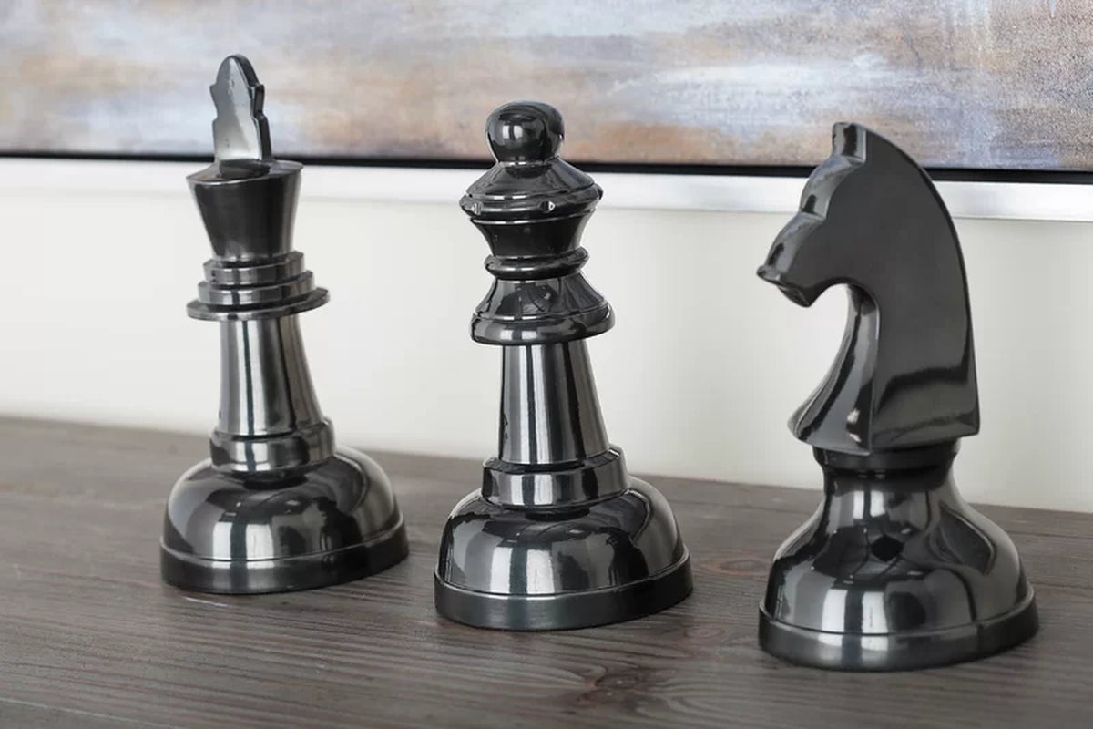 Dark Gray Aluminum Chess Sculpture with Knight, Queen and King 3 - Pieces