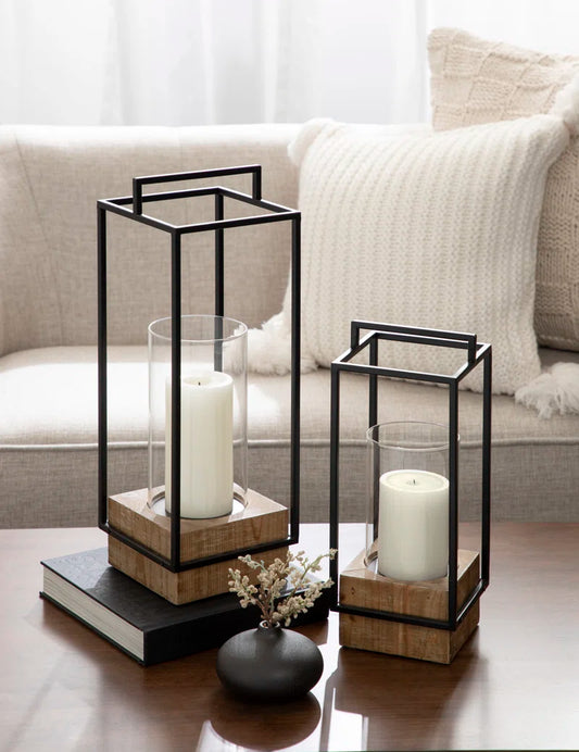 Wood and Metal Two-Piece Candle Holder Set