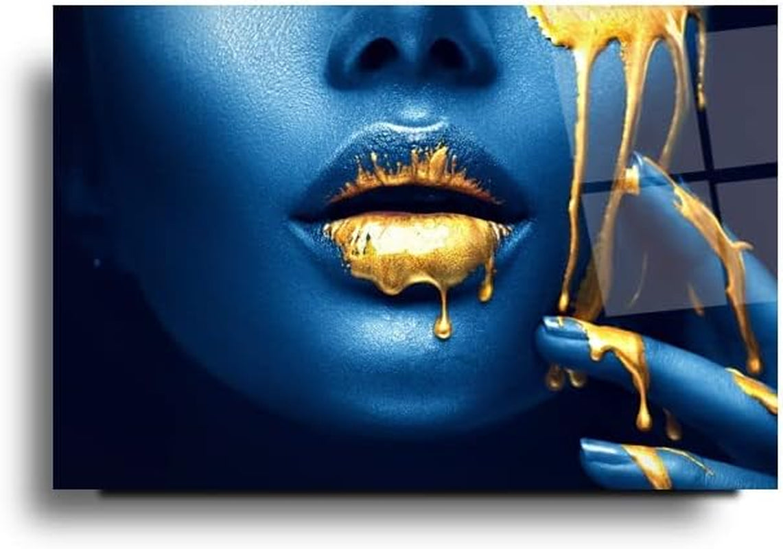 Blue Lips Woman Tempered Glass Wall Art Perfect Modern Decor Fabulous New Year Gift Glass UV Printing Durable Product (27X43 Inches (70X110 Cm))