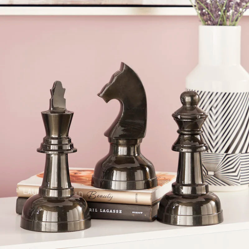 Dark Gray Aluminum Chess Sculpture with Knight, Queen and King 3 - Pieces