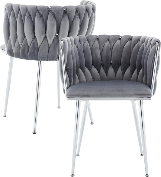 Velvet Dining Chair Set of 2, Modern Dining Room Chairs with Chrome Legs, Woven Upholstered Accent Chairs for Dining Room, Kitchen, Vanity (Grey)