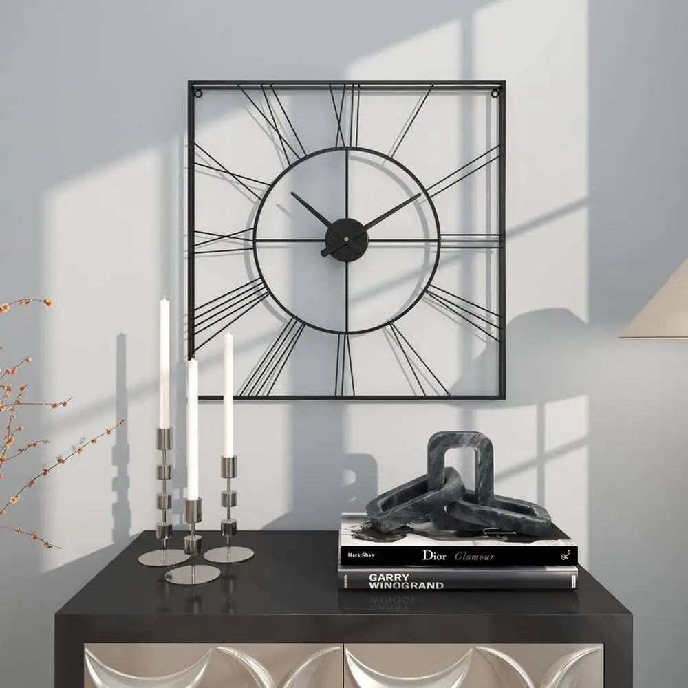 Large Iron Wall Clock with Roman Numerals Square Design 23.63" Black Glam Style