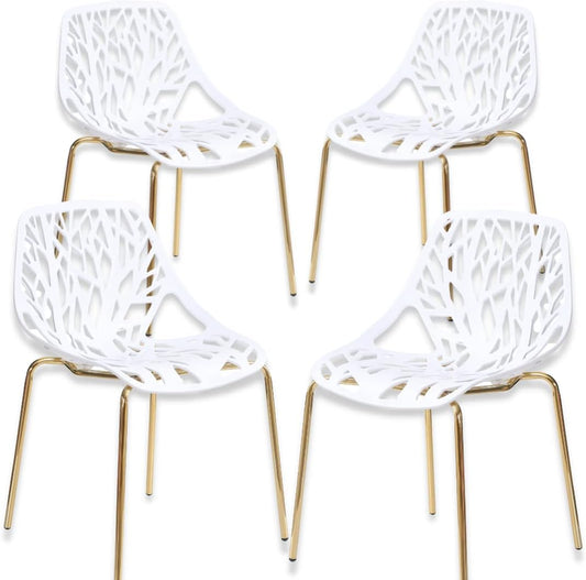 Modern White Dining Chairs Set of 4, Birch Sapling Style Chairs for Dining Room, Hotels, Restaurants Indoor Outdoor, Elegant Kitchen Chairs with Gold Legs (4, White)