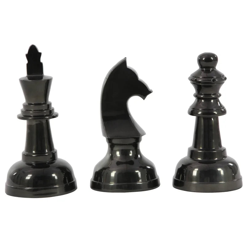 Dark Gray Aluminum Chess Sculpture with Knight, Queen and King 3 - Pieces