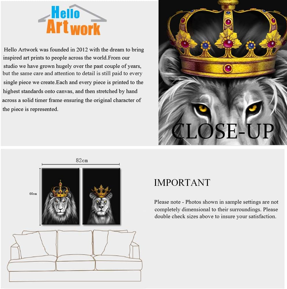 2 Pieces Set Lion and Lioness Canvas Wall Art Black and White Lion with Gold Crown King Animal Picture Artwork for Bedroom Home Decor Ready to Hang 16X24Inchx2Pcs