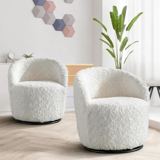 Swivel Barrel Chair Set of 2, Modern Small Swivel Accent Chair for Living Room, 360°Swivel round Arm Chair with Metal Base for Bedroom, Balcony, Reading Room, Nursery, Ivory