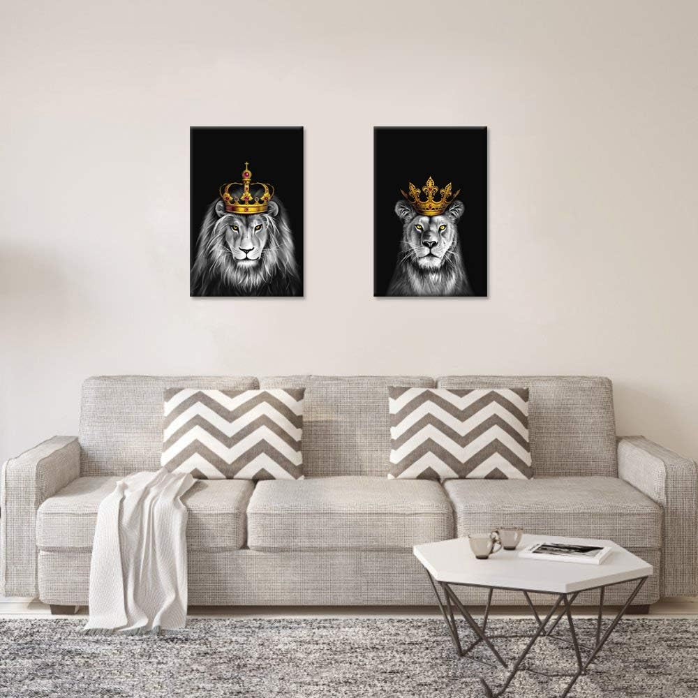 2 Pieces Set Lion and Lioness Canvas Wall Art Black and White Lion with Gold Crown King Animal Picture Artwork for Bedroom Home Decor Ready to Hang 16X24Inchx2Pcs