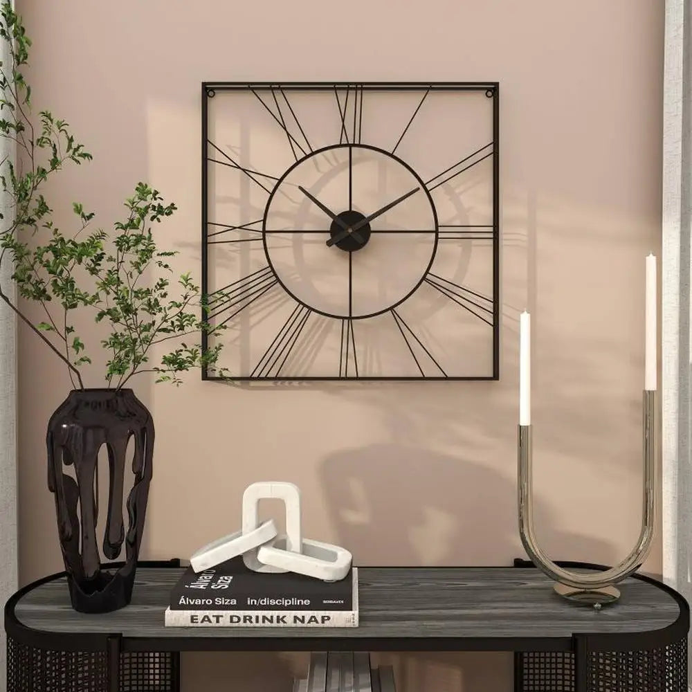 Large Iron Wall Clock with Roman Numerals Square Design 23.63" Black Glam Style