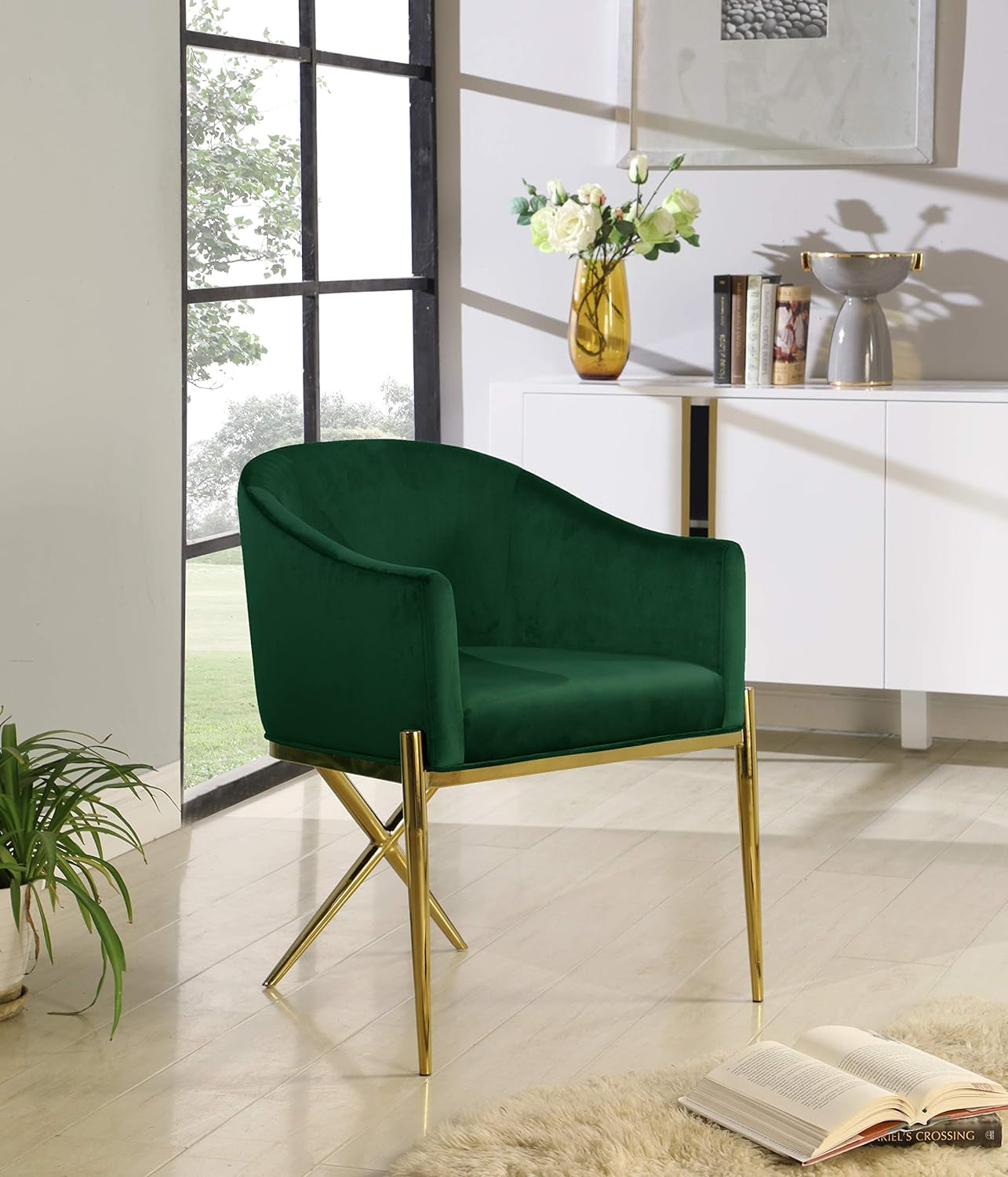 Xavier Collection Modern | Contemporary Velvet Upholstered Dining Chair with Sturdy Steel X Shaped Legs, 25.5" W X 24.5" D X 31.5" H, Green