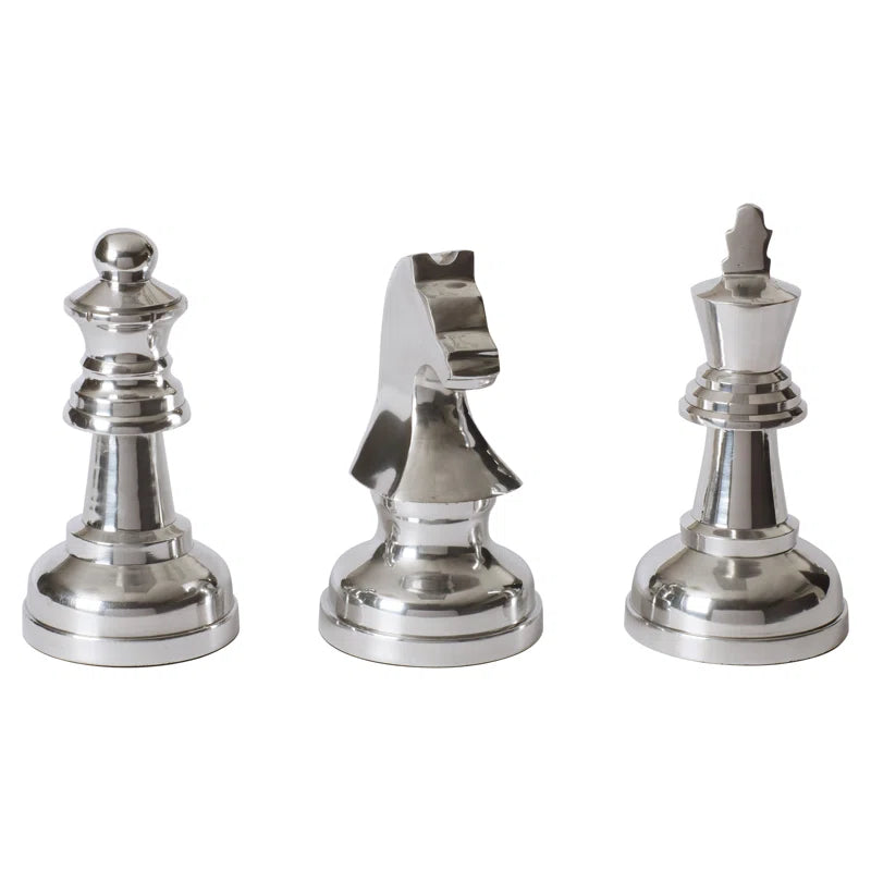 Dark Gray Aluminum Chess Sculpture with Knight, Queen and King 3 - Pieces