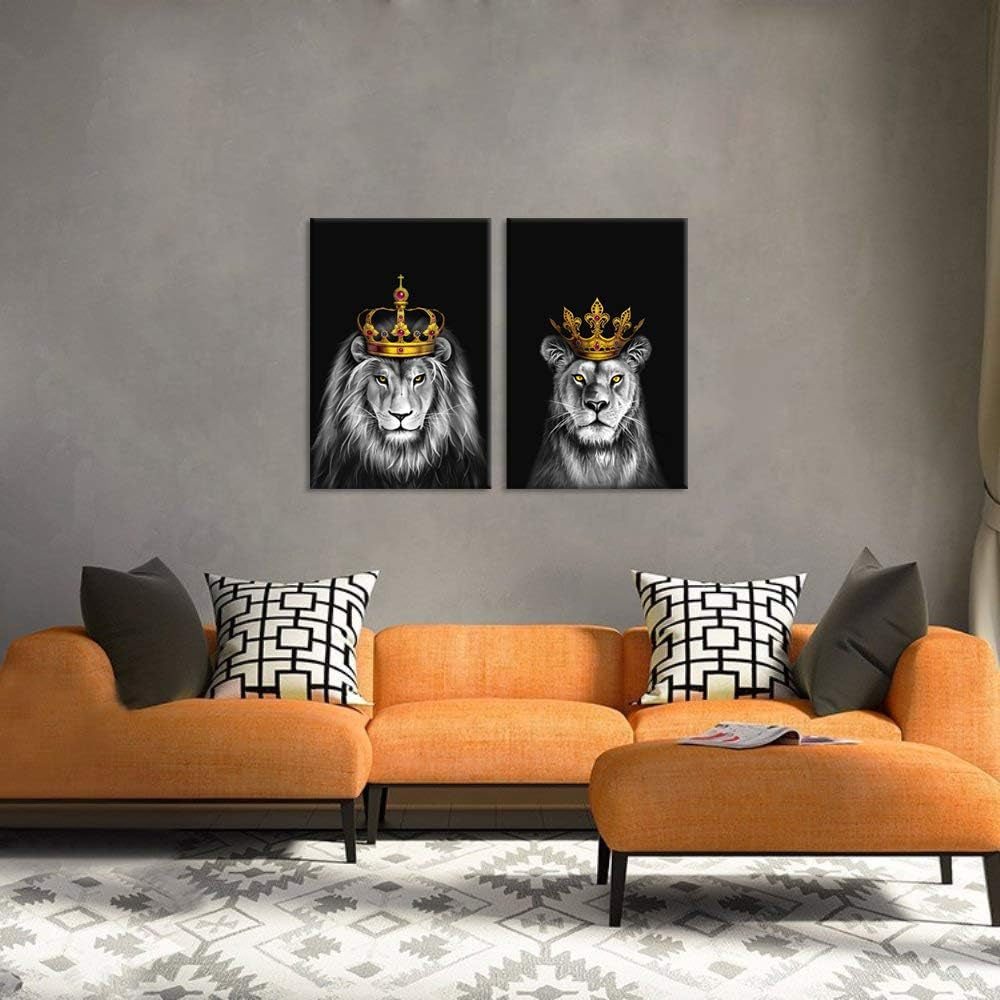 2 Pieces Set Lion and Lioness Canvas Wall Art Black and White Lion with Gold Crown King Animal Picture Artwork for Bedroom Home Decor Ready to Hang 16X24Inchx2Pcs