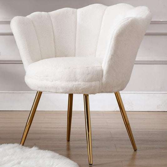 Plush Faux Fur Upholstered Living Room Chair, Comfy Accent Seashell Chair Micro Fiber Barrel Vanity Chair with Gold Legs, Retro Accent Barrel Dining Chair, White