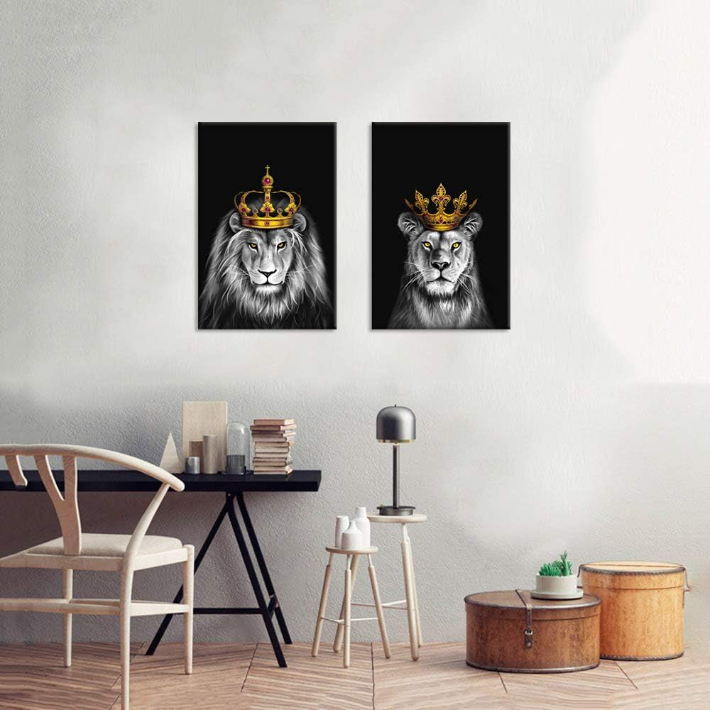 2 Pieces Set Lion and Lioness Canvas Wall Art Black and White Lion with Gold Crown King Animal Picture Artwork for Bedroom Home Decor Ready to Hang 16X24Inchx2Pcs