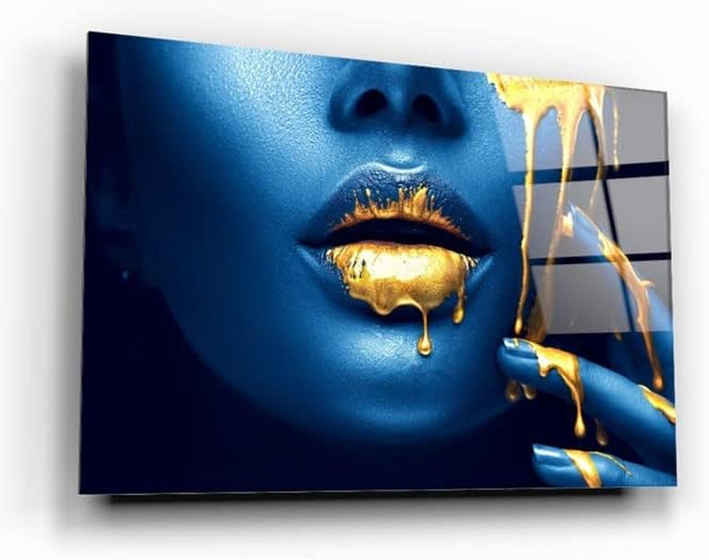 Blue Lips Woman Tempered Glass Wall Art Perfect Modern Decor Fabulous New Year Gift Glass UV Printing Durable Product (27X43 Inches (70X110 Cm))