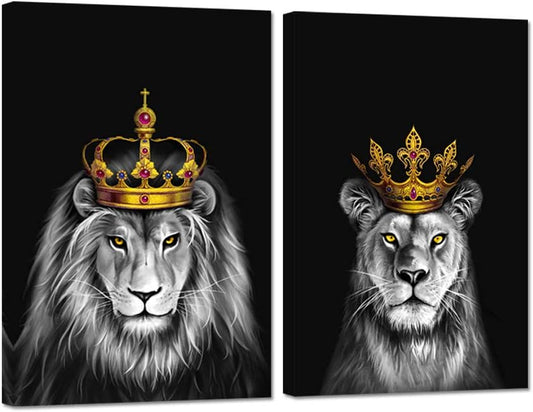 2 Pieces Set Lion and Lioness Canvas Wall Art Black and White Lion with Gold Crown King Animal Picture Artwork for Bedroom Home Decor Ready to Hang 16X24Inchx2Pcs