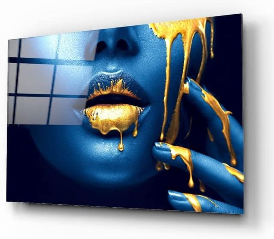 Blue Lips Woman Tempered Glass Wall Art Perfect Modern Decor Fabulous New Year Gift Glass UV Printing Durable Product (27X43 Inches (70X110 Cm))