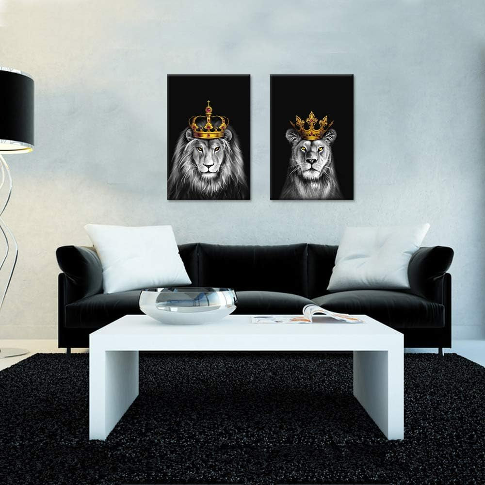 2 Pieces Set Lion and Lioness Canvas Wall Art Black and White Lion with Gold Crown King Animal Picture Artwork for Bedroom Home Decor Ready to Hang 16X24Inchx2Pcs