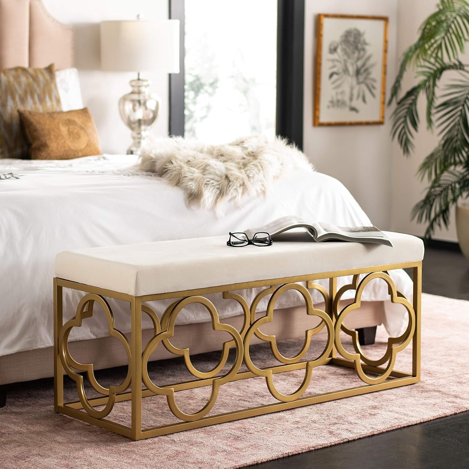 Home Fleur 45-Inch Glam Cream Velvet and Gold Rectangle Bench